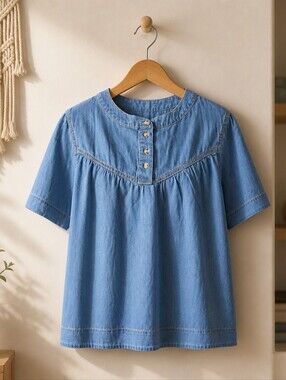 Denim Button-Yoke Short Sleeve Top - Blue